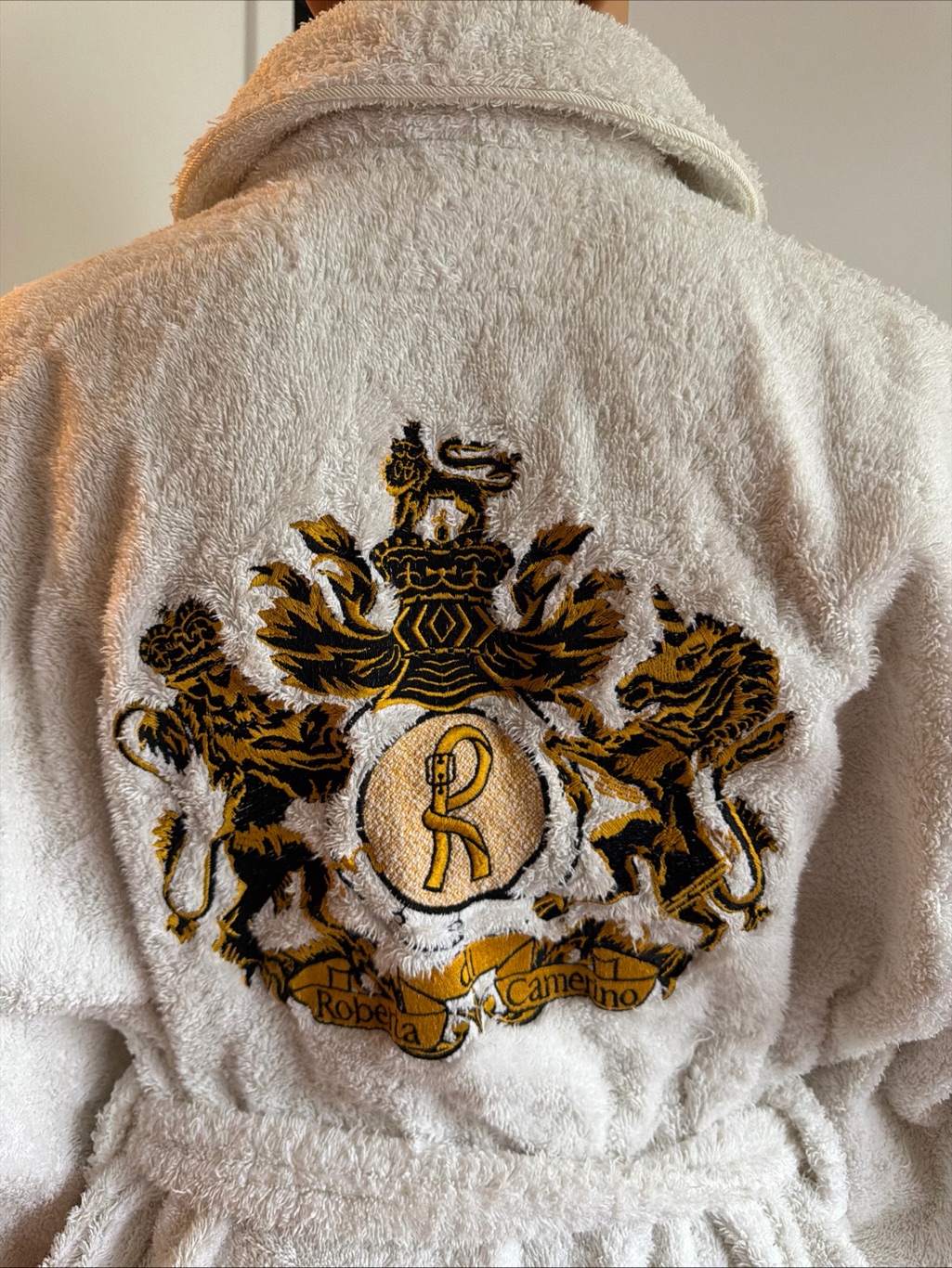Roberta Di Camerino Cream Terry Robe With Gold And Black Crest